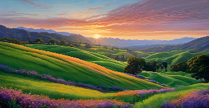 A beautiful sunset over the hills of San Jose with a green field and a flowing stream.