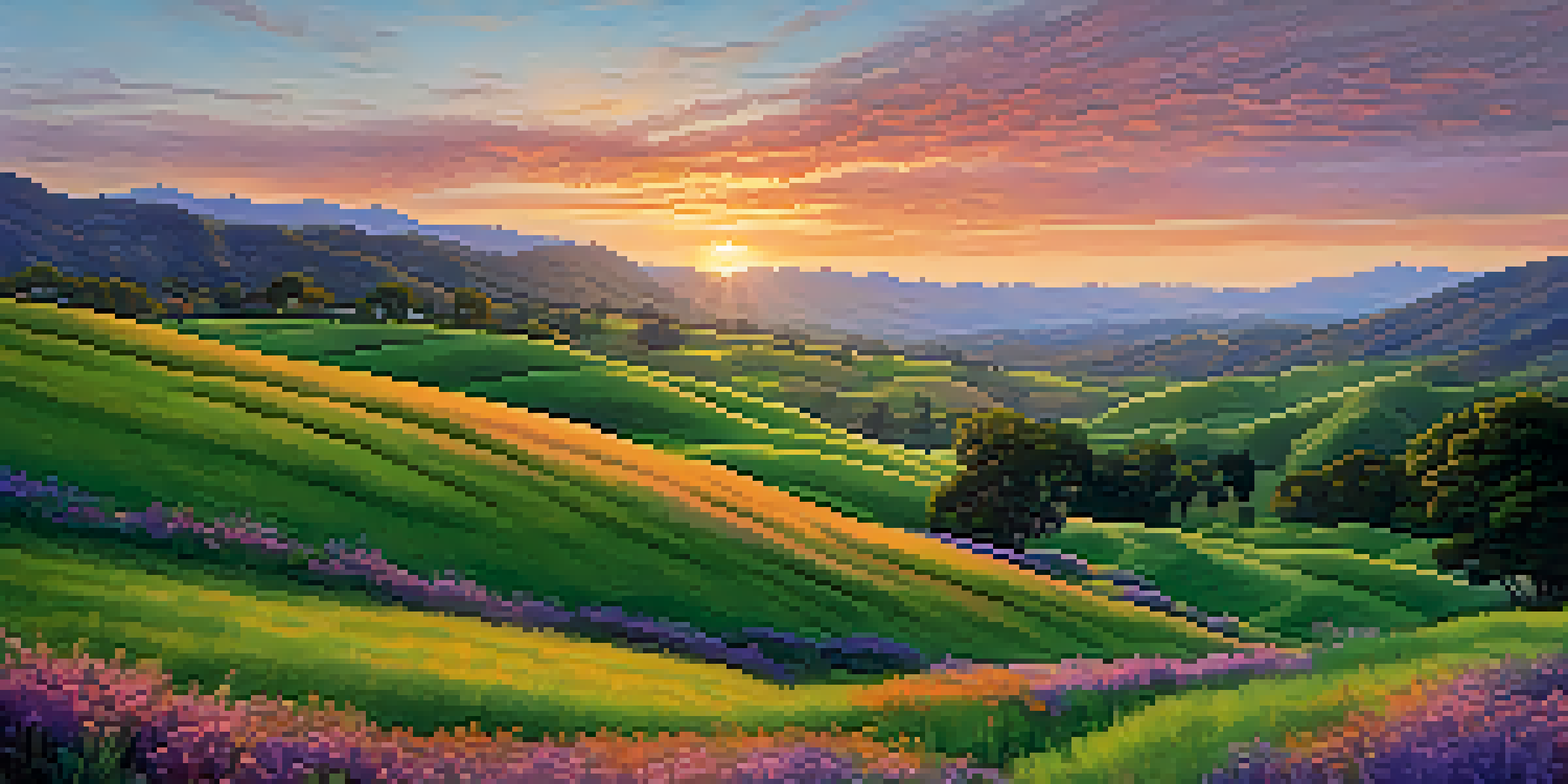 A beautiful sunset over the hills of San Jose with a green field and a flowing stream.