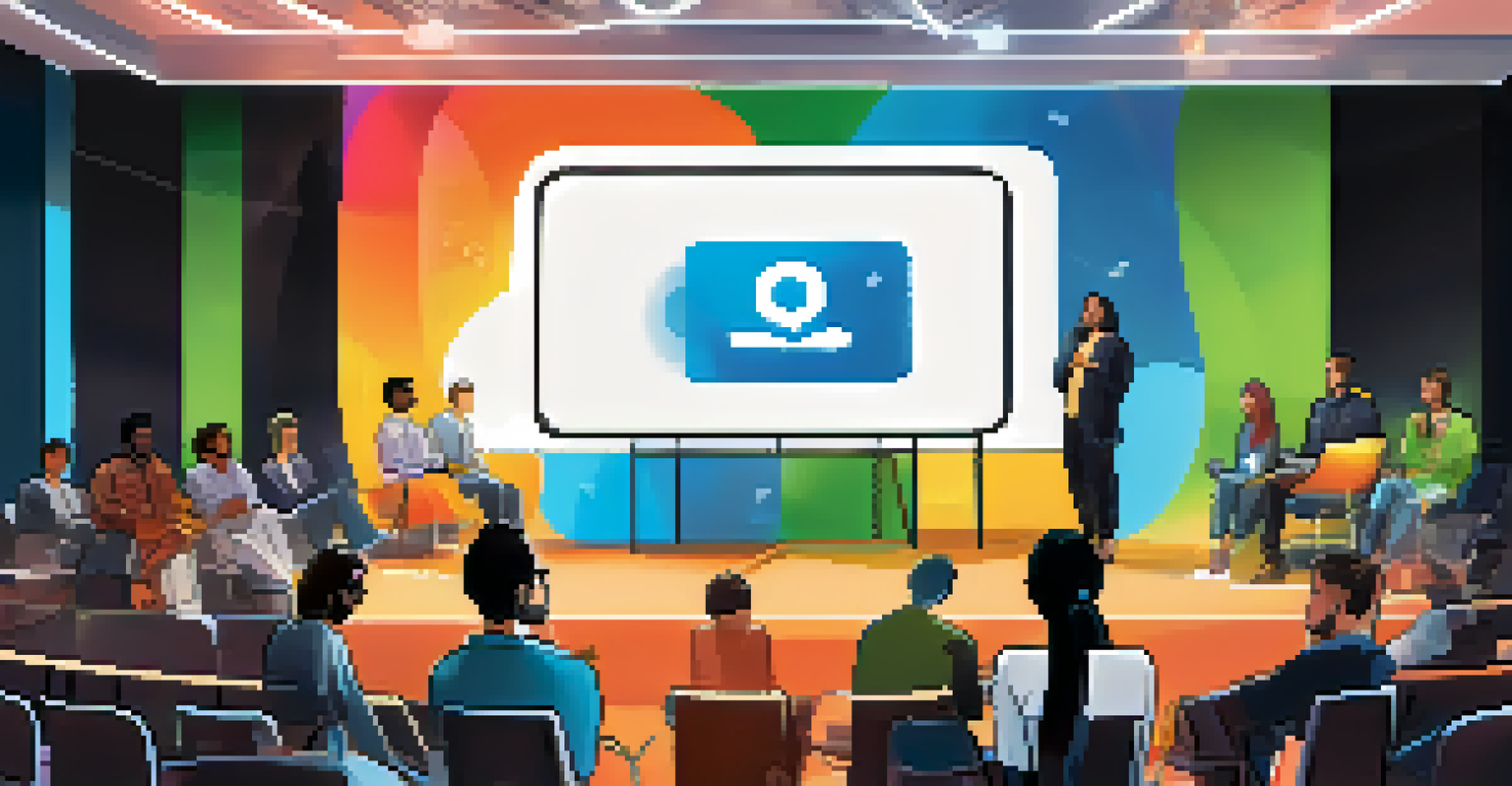 Entrepreneurs pitching ideas at a tech conference, with an engaged audience and colorful banners.
