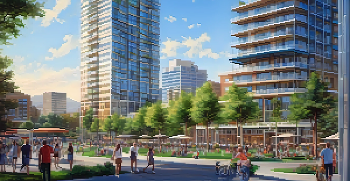 A lively urban landscape depicting modern buildings and parks in San Jose, with people enjoying the outdoors under a clear blue sky.