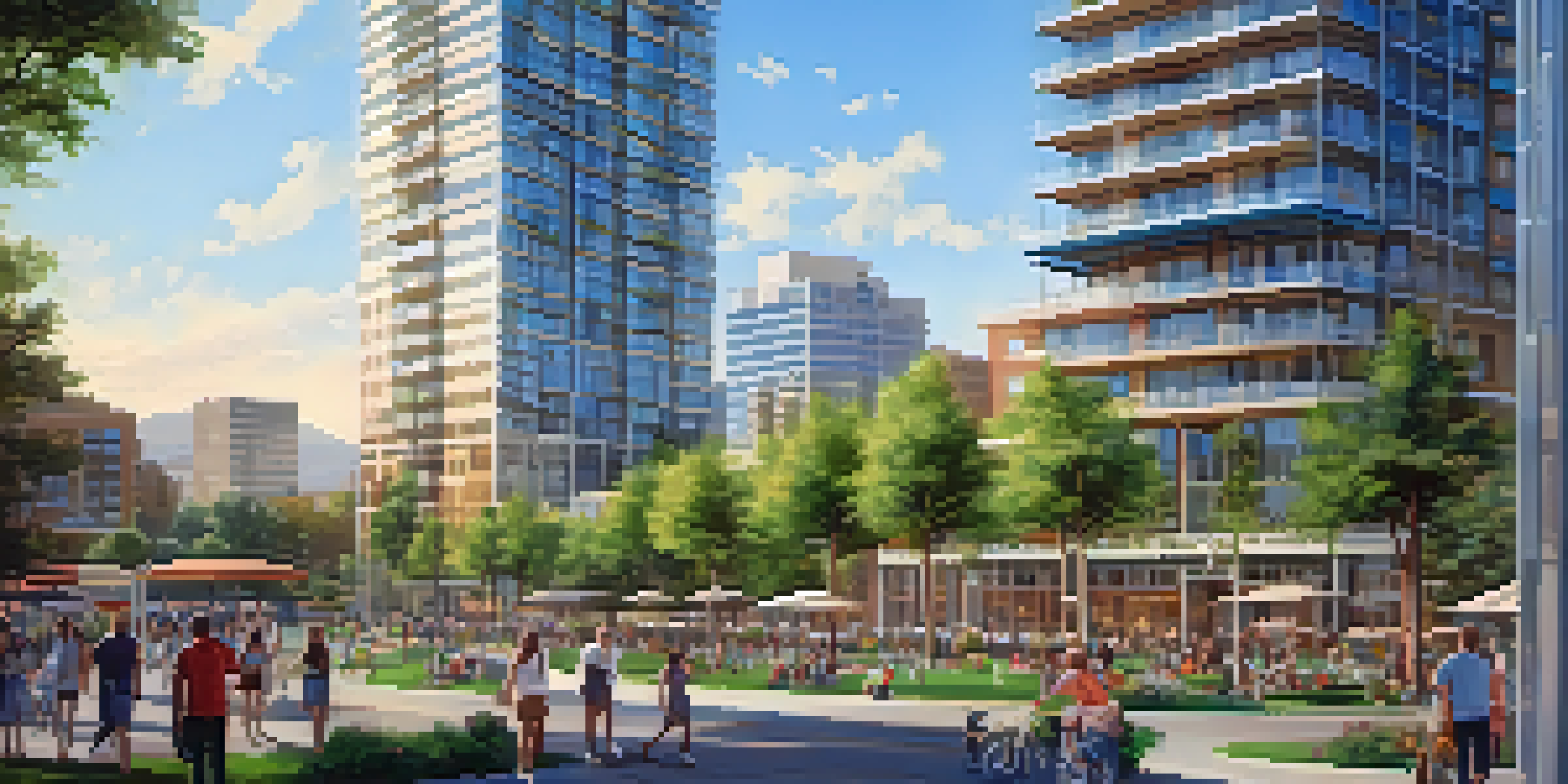 A lively urban landscape depicting modern buildings and parks in San Jose, with people enjoying the outdoors under a clear blue sky.