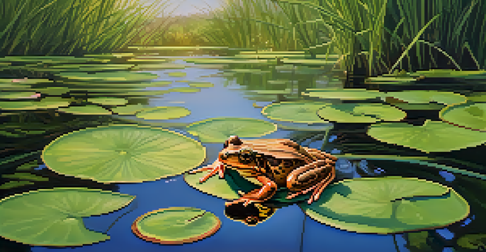 A California red-legged frog on a lily pad in a lush wetland, surrounded by green plants and colorful flowers, illuminated by golden sunlight.