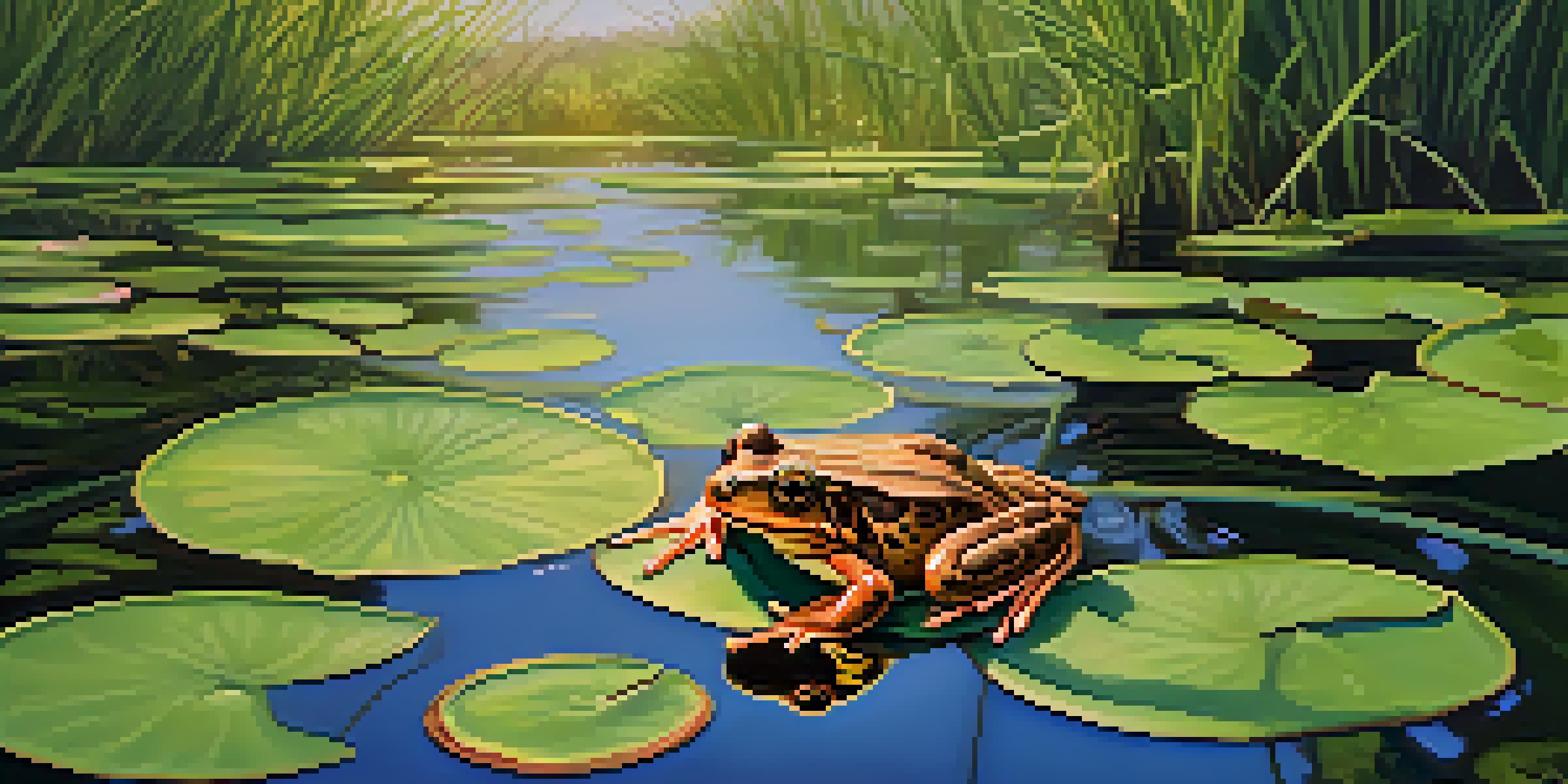 A California red-legged frog on a lily pad in a lush wetland, surrounded by green plants and colorful flowers, illuminated by golden sunlight.