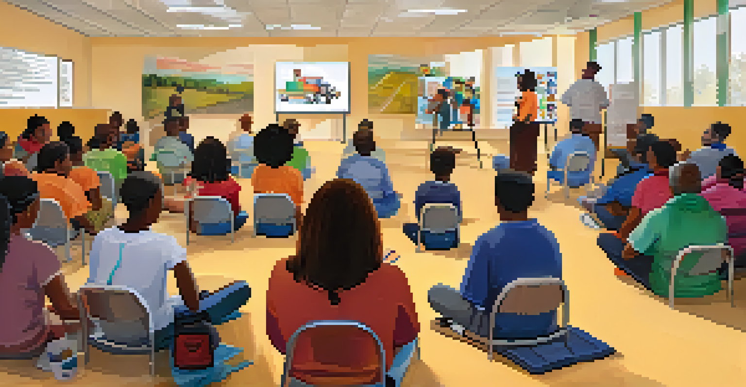 A community workshop focusing on substance abuse prevention, with attendees listening to a speaker in a bright community center.