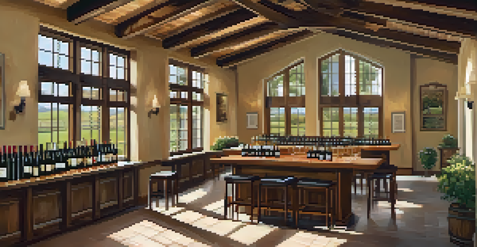 A cozy wine tasting room in Testarossa Winery, showcasing wooden decor, natural light, and visitors interacting with staff.