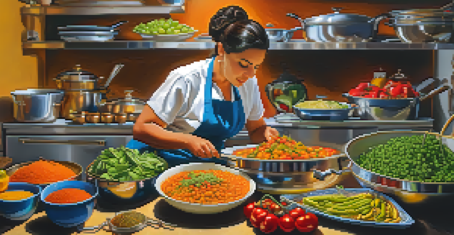 A close-up of a female chef preparing colorful traditional dishes in a cozy catering kitchen filled with fresh ingredients.