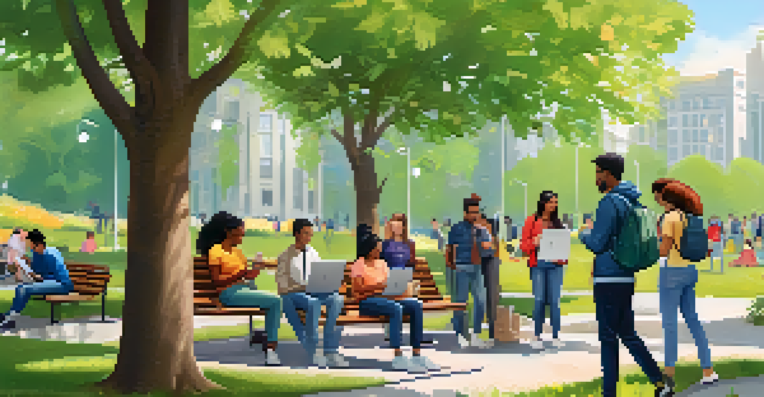 A diverse group of people in a park using mobile apps for community services. The environment is bright with blooming flowers and trees.