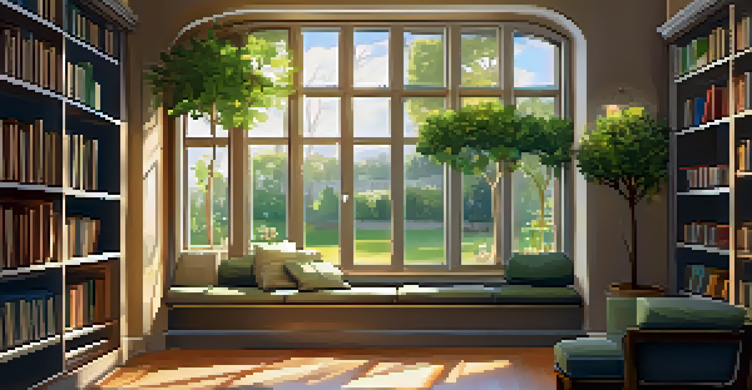 A cozy reading nook in a library with comfortable seating and warm lighting, overlooking a garden through a window.