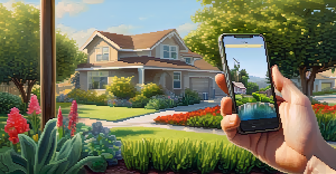 A San Jose neighborhood with vibrant gardens and a homeowner checking a smartphone app for water usage.