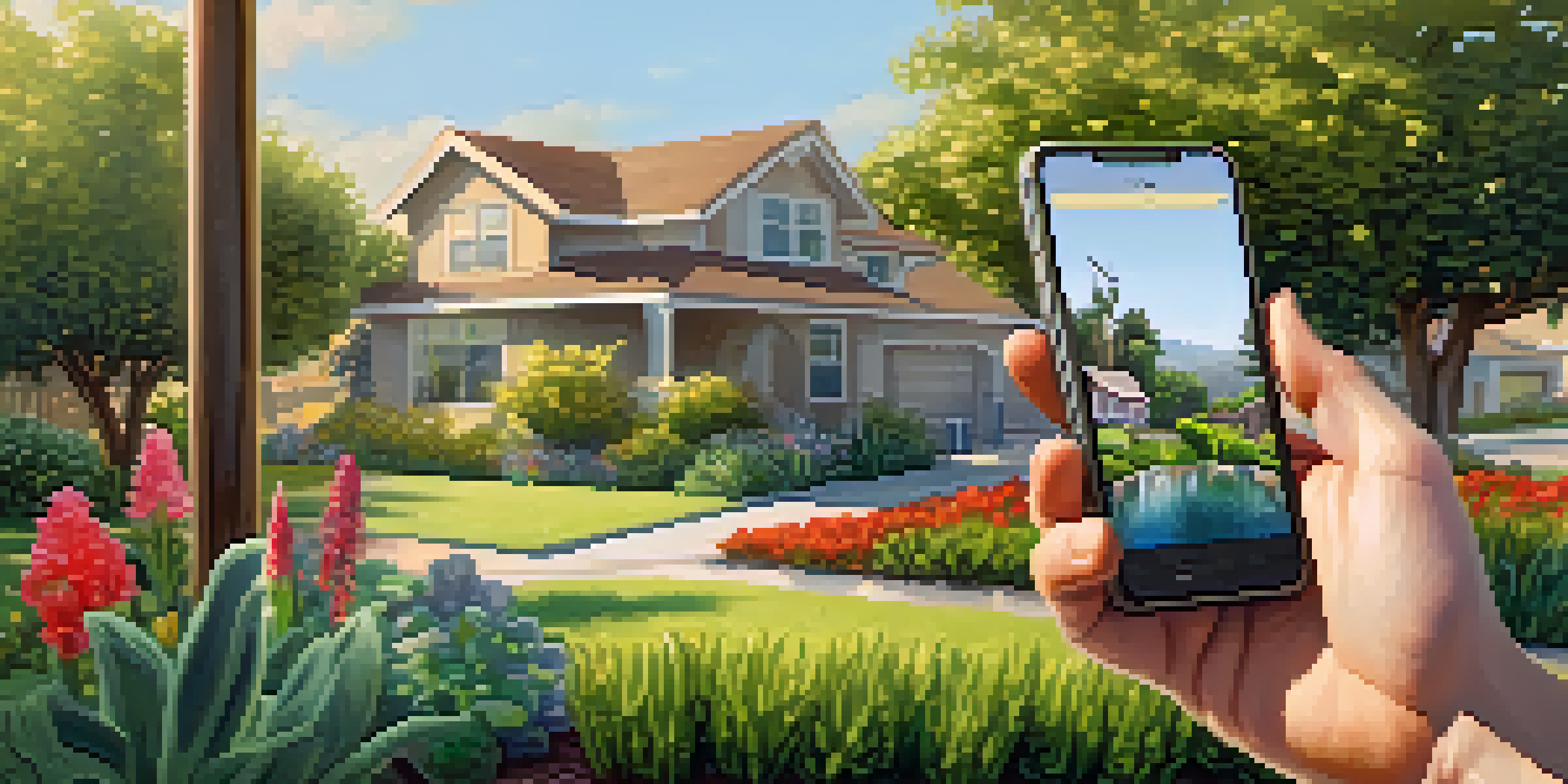 A San Jose neighborhood with vibrant gardens and a homeowner checking a smartphone app for water usage.