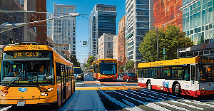 A busy street in San Jose showcasing smart transportation features like digital signage, electric buses, and bicycles, under a clear sky.