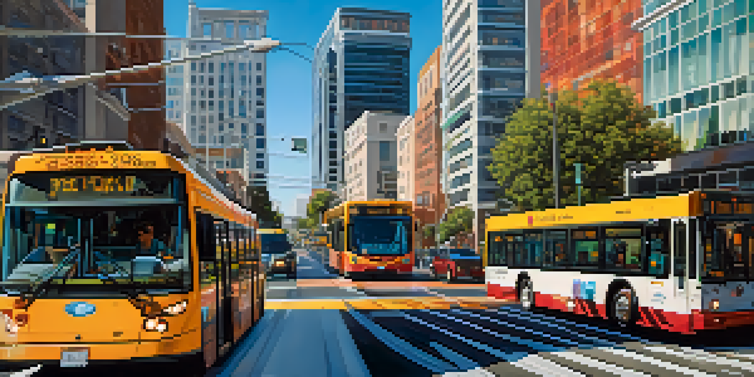 A busy street in San Jose showcasing smart transportation features like digital signage, electric buses, and bicycles, under a clear sky.
