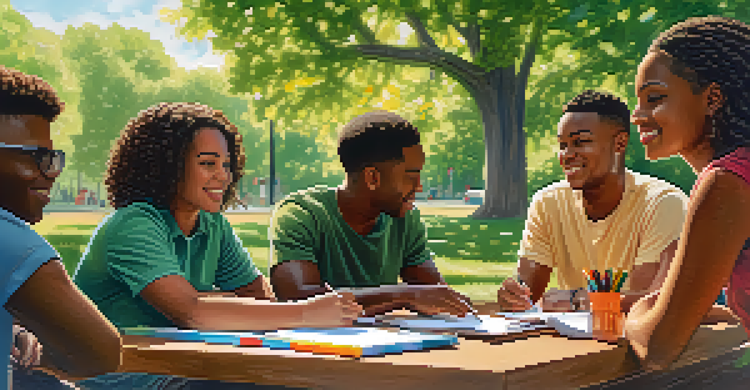 A diverse group of young leaders collaborating outdoors around a picnic table in a park.