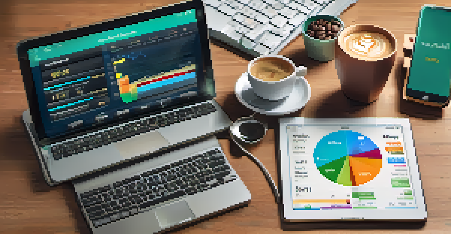 A smartphone displaying a financial app interface, set in a cozy home environment with a coffee cup and notebook.