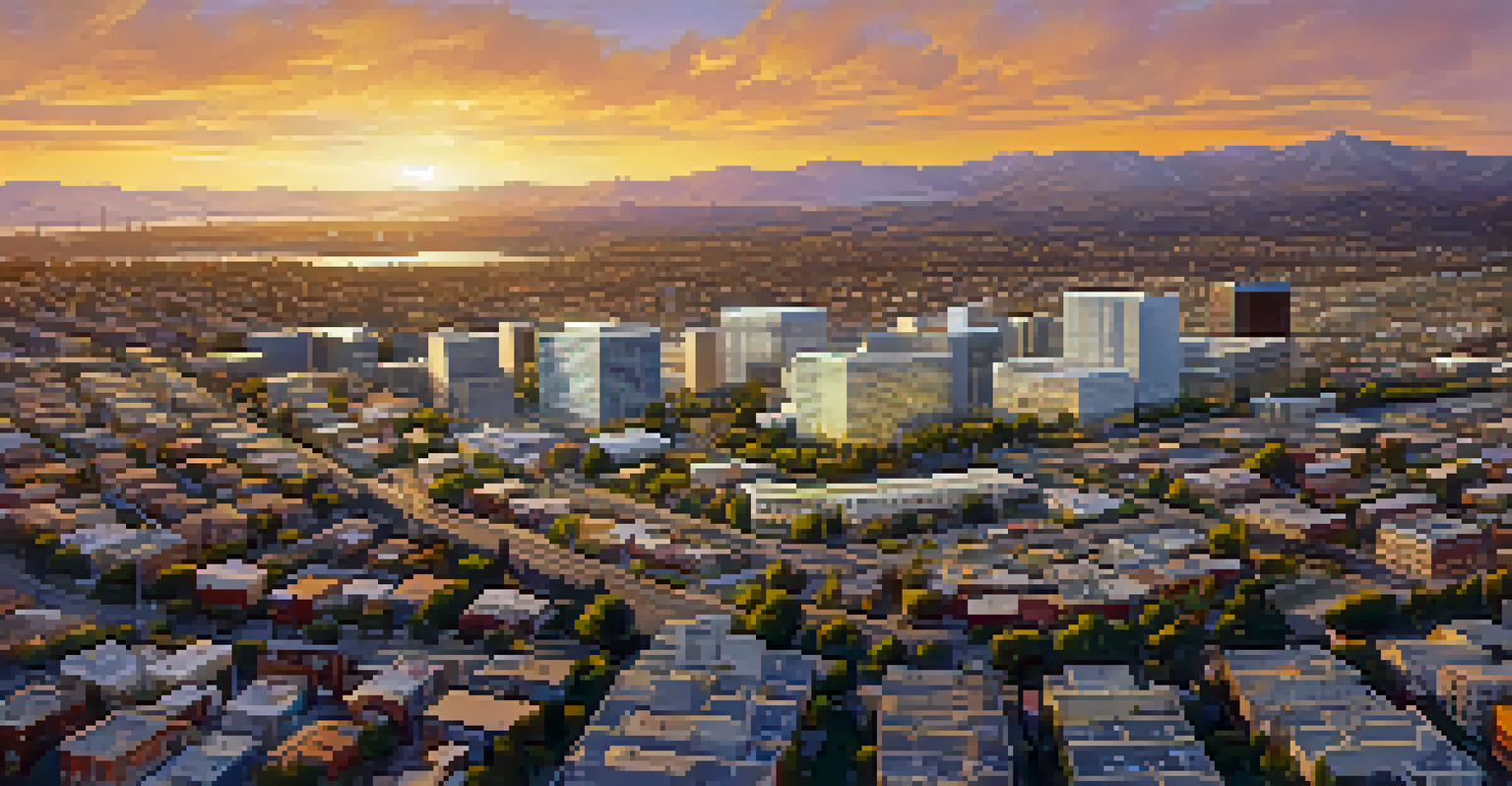 An aerial view of San Jose showing a contrast between tech-rich neighborhoods and areas with limited internet access, under a golden sunset.