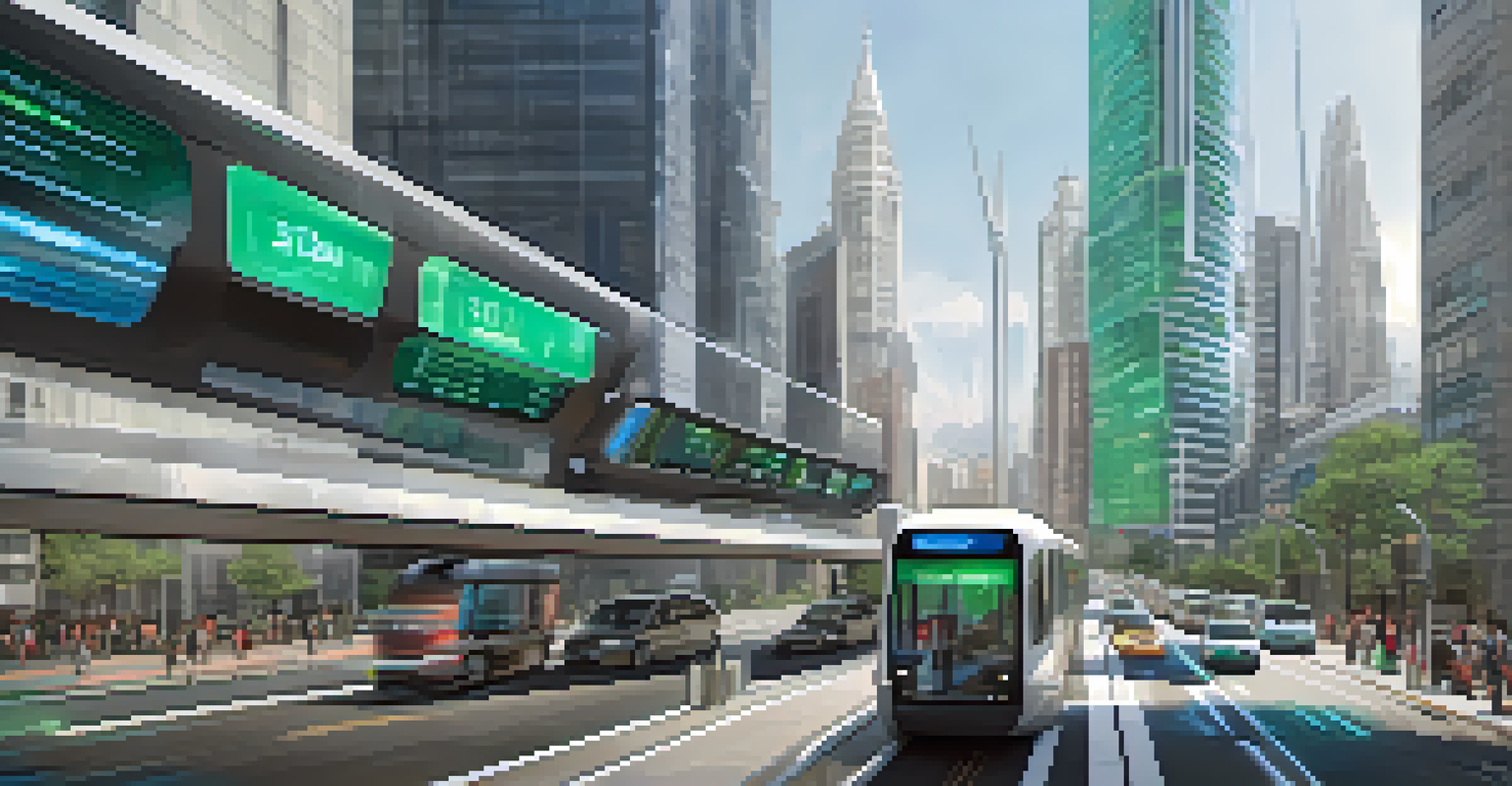 A futuristic city with autonomous public transit vehicles and smart traffic systems amidst modern architecture and greenery.