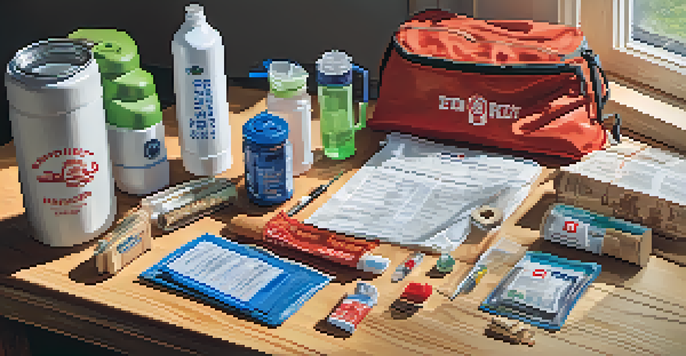 A disaster preparedness kit with water bottles, granola bars, a first aid kit, and a flashlight on a wooden table illuminated by sunlight.