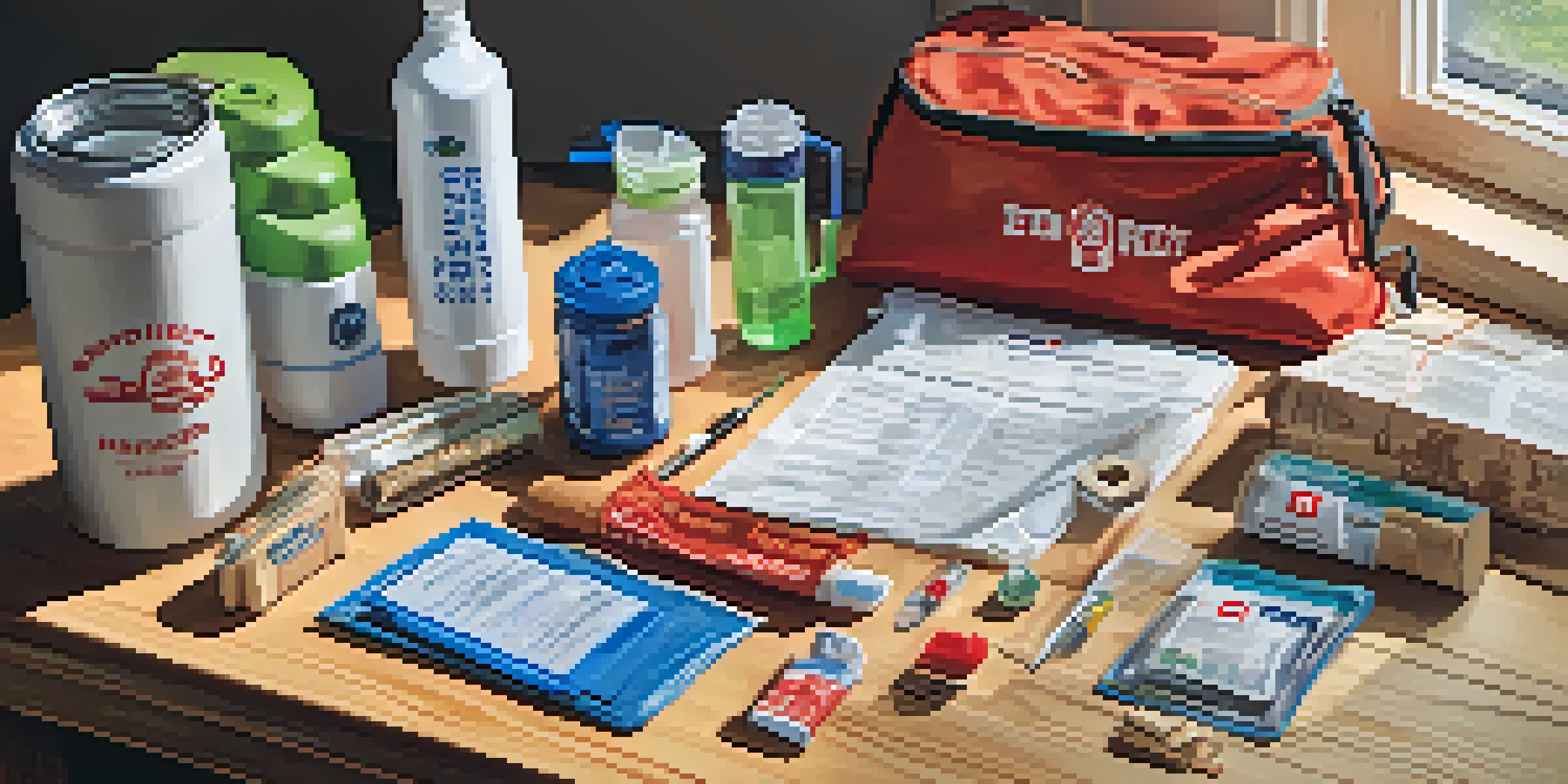 A disaster preparedness kit with water bottles, granola bars, a first aid kit, and a flashlight on a wooden table illuminated by sunlight.