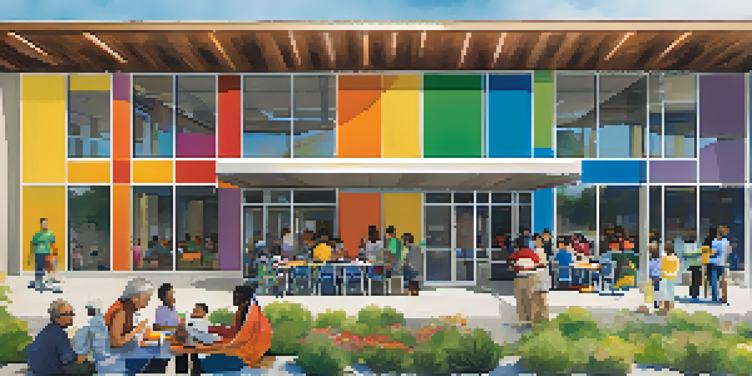 A community center in San Jose with diverse individuals interacting and a volunteer assisting a family at a resource table filled with brochures.