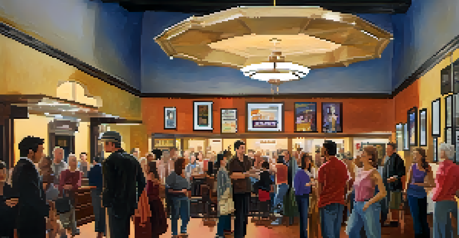 A vibrant theater lobby with diverse audience members mingling and discussing performances, decorated with show posters and soft lighting.