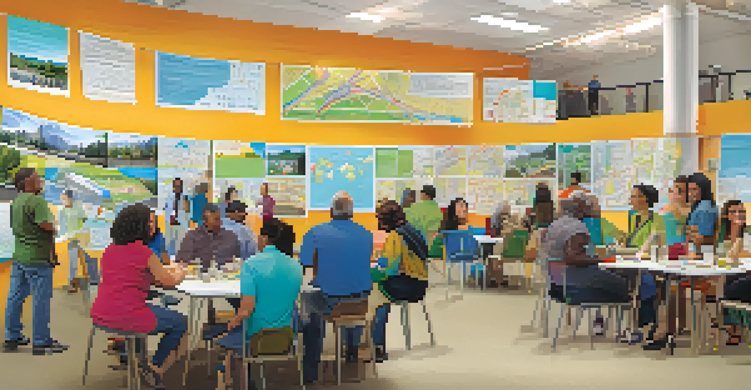 Residents of San Jose actively participating in a community engagement event about public transit planning with maps and colorful displays.
