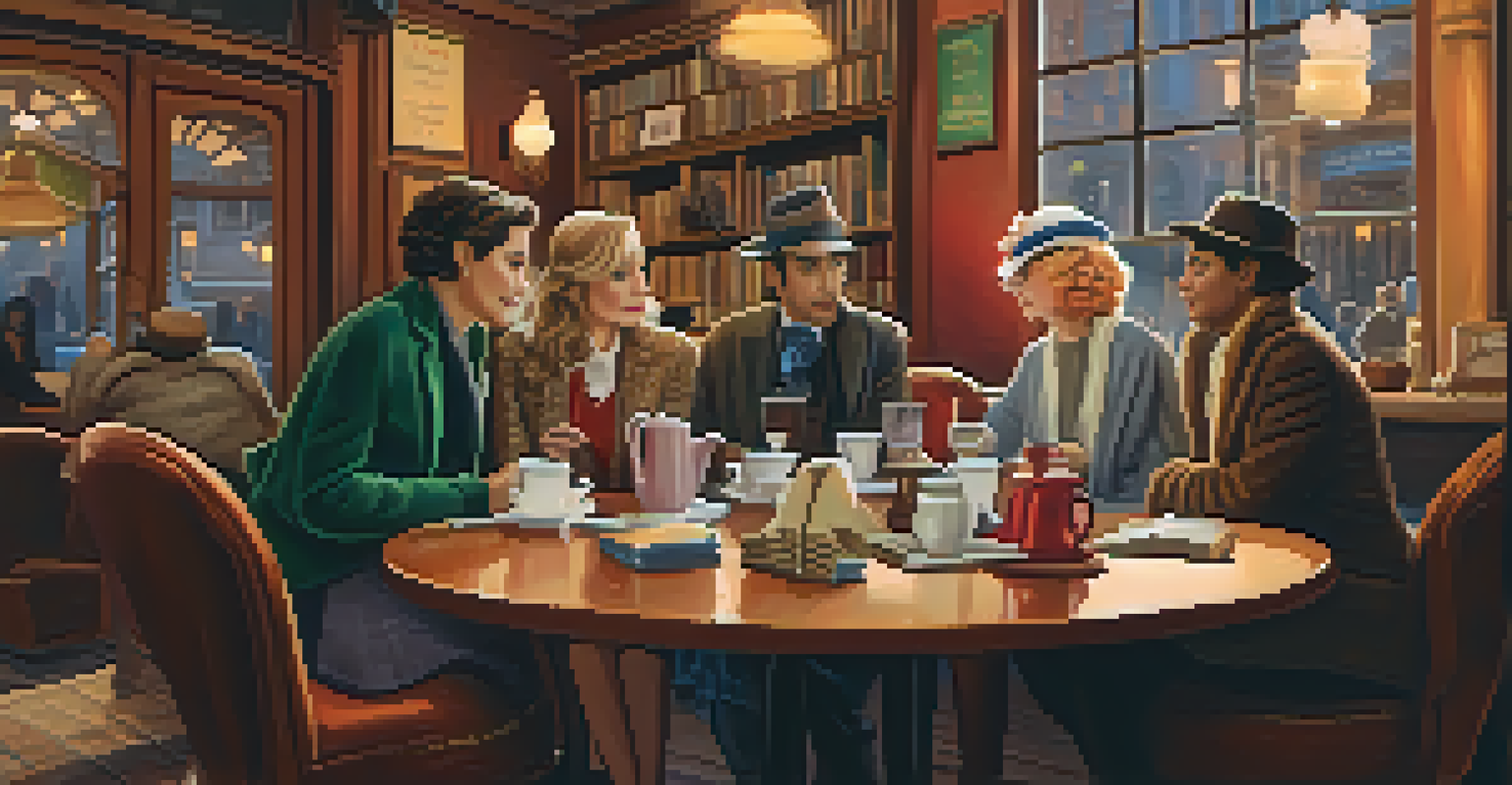 A themed book club event in a café, with members dressed as mystery characters and discussing books among themed decorations.