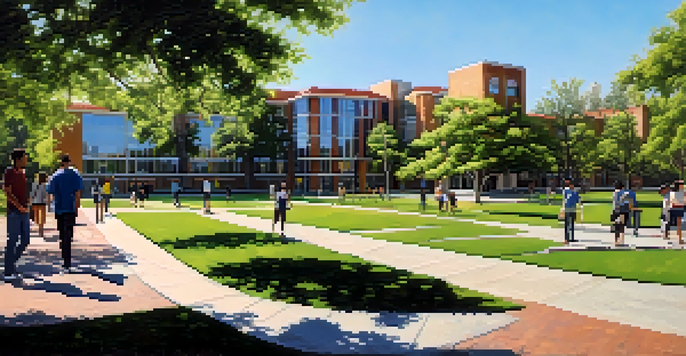 A sunny day at San Jose State University with students walking on campus surrounded by green trees and modern buildings.