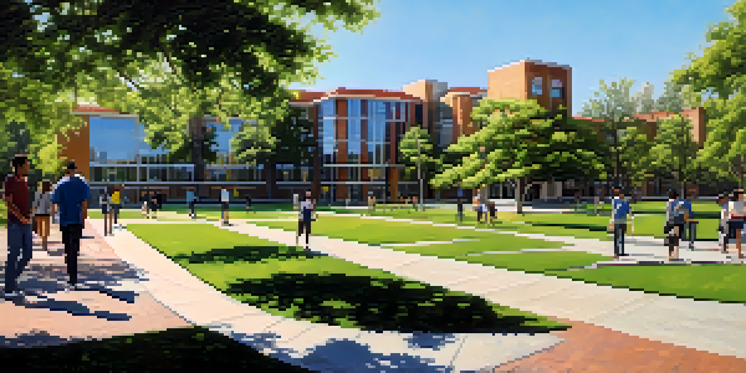 A sunny day at San Jose State University with students walking on campus surrounded by green trees and modern buildings.