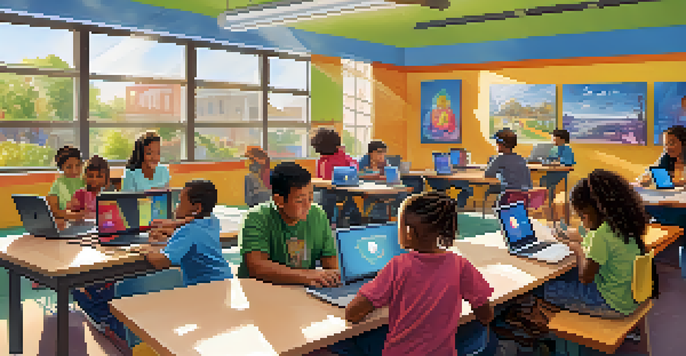 A community center filled with families and individuals participating in digital learning, with children on laptops and adults in workshops, bathed in warm sunlight.