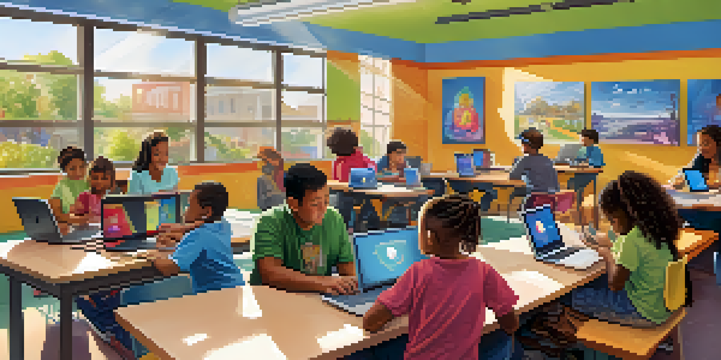 A community center filled with families and individuals participating in digital learning, with children on laptops and adults in workshops, bathed in warm sunlight.