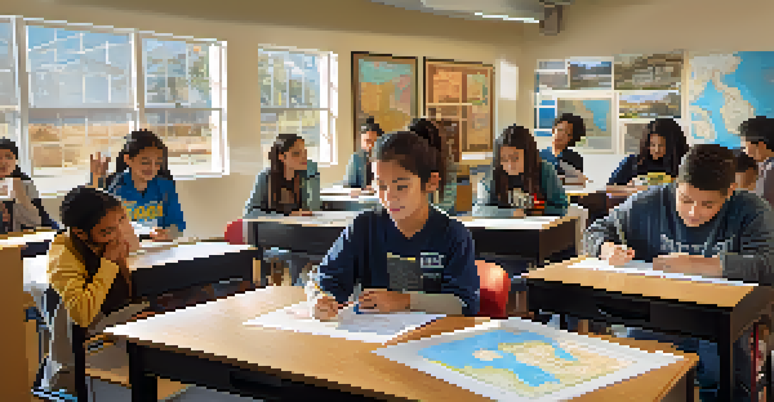 Students from diverse backgrounds collaborating in a classroom workshop in San Jose, surrounded by maps and cultural artifacts.