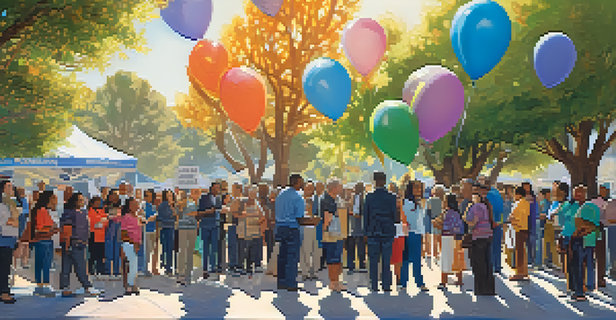 A diverse group of people standing in line at a polling station, with colorful banners and balloons celebrating civic engagement.