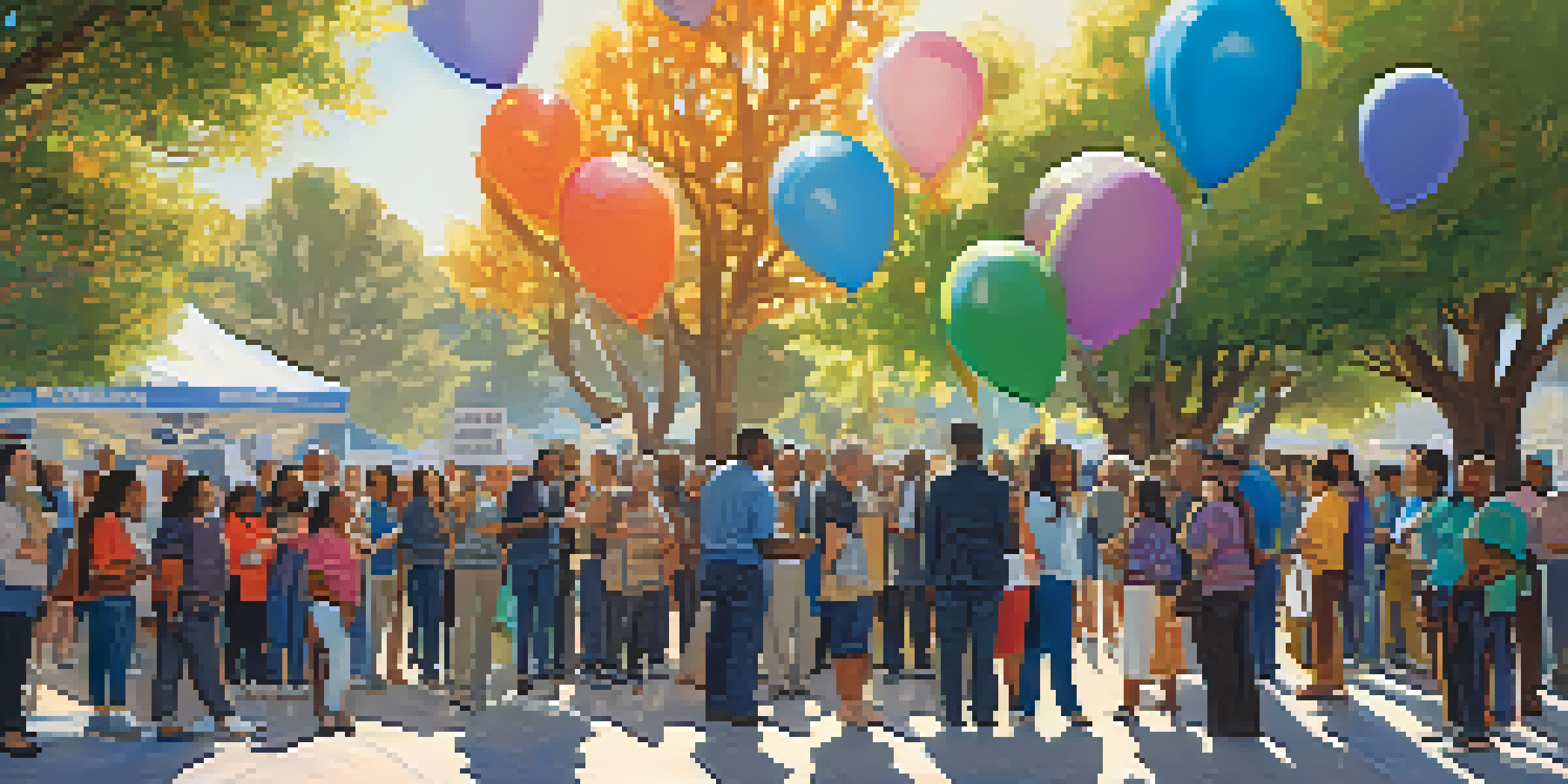 A diverse group of people standing in line at a polling station, with colorful banners and balloons celebrating civic engagement.