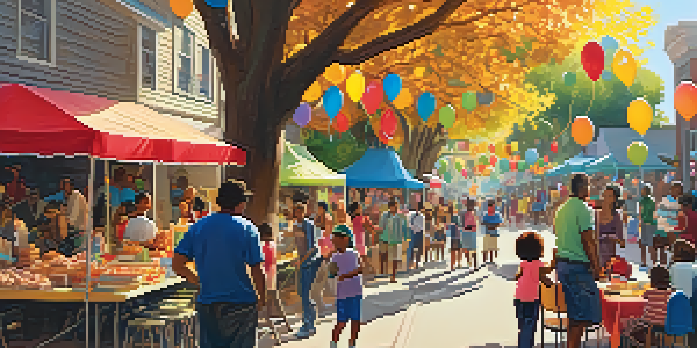 A lively neighborhood block party showcasing diverse residents interacting, with festive decorations and children playing.