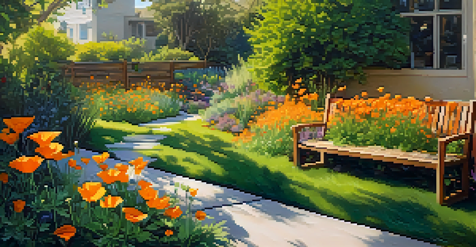 A colorful urban garden filled with native plants and pollinators, under warm sunlight.
