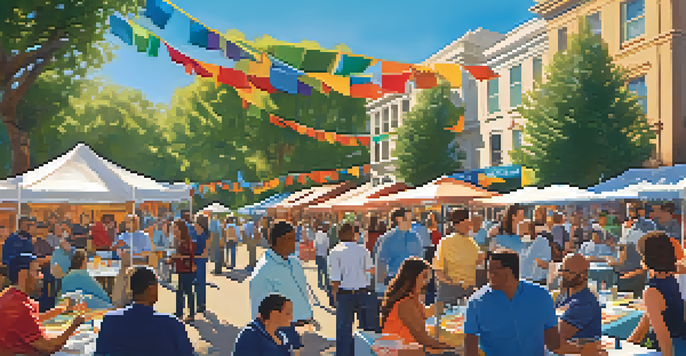A lively outdoor networking event with diverse small business owners interacting under a clear blue sky, surrounded by colorful banners and tables filled with brochures.