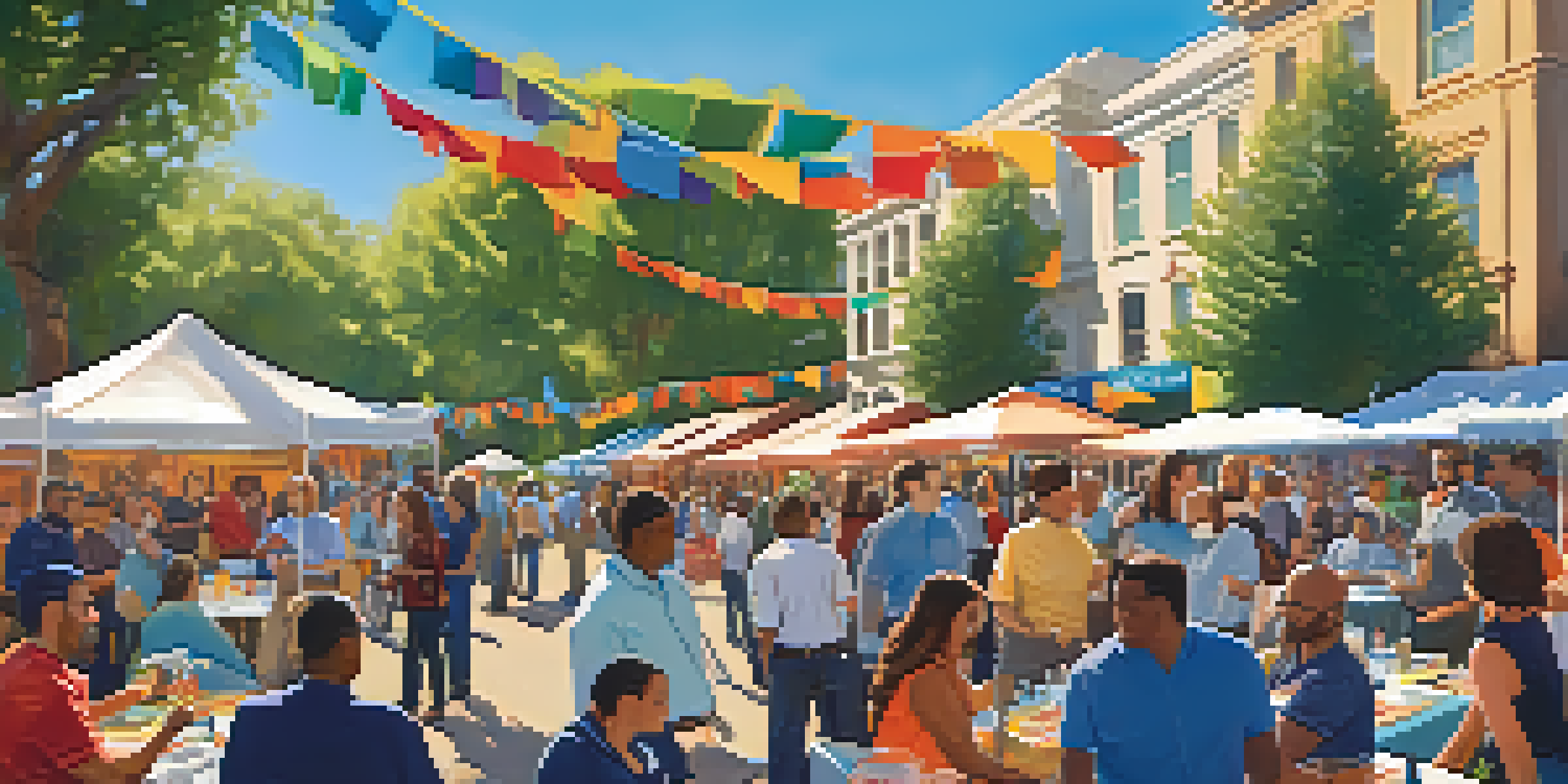 A lively outdoor networking event with diverse small business owners interacting under a clear blue sky, surrounded by colorful banners and tables filled with brochures.