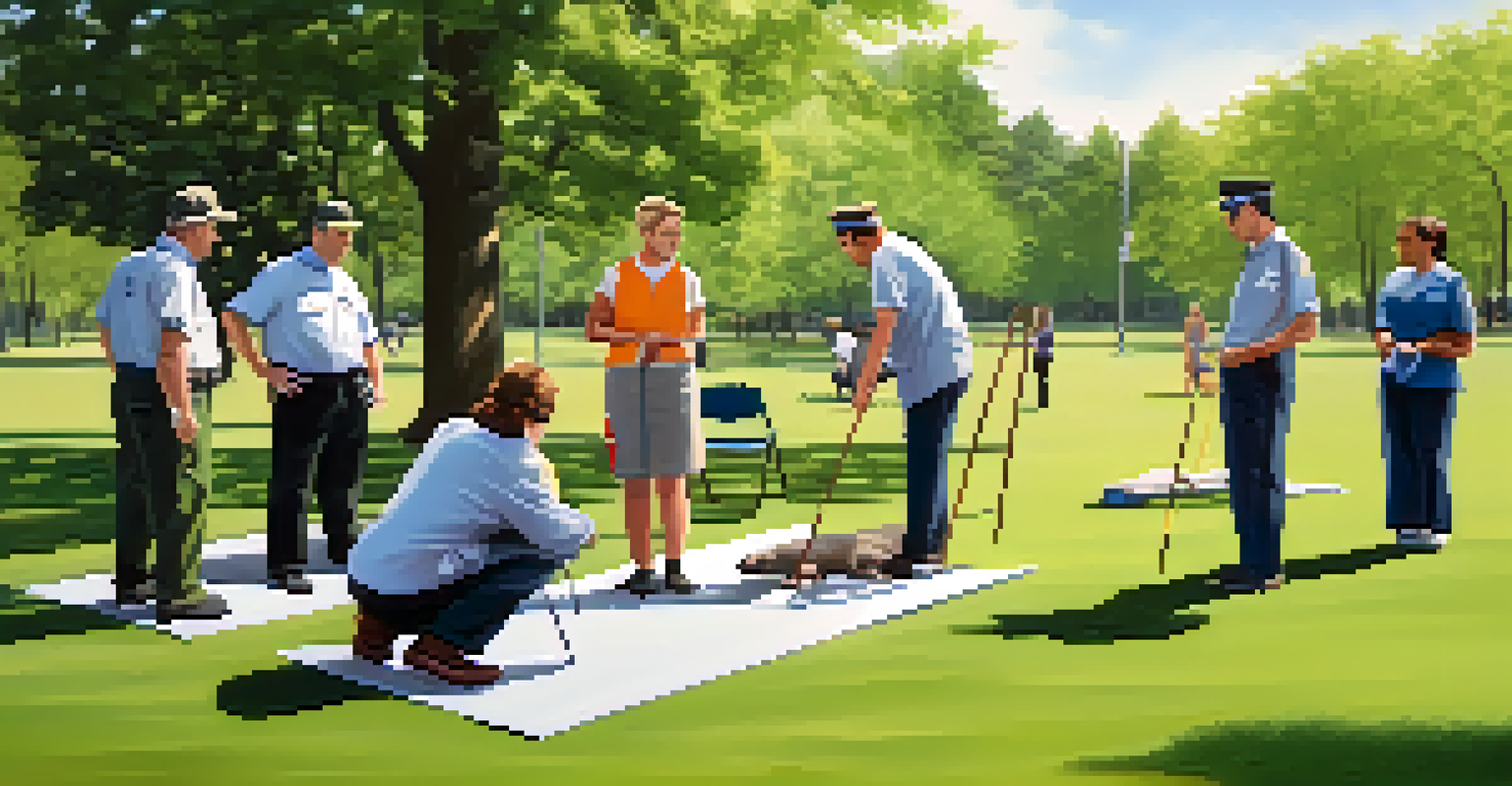 Park staff participating in a training session outdoors, demonstrating guidance techniques for visually impaired visitors, with a grassy area and a few visitors in the background.