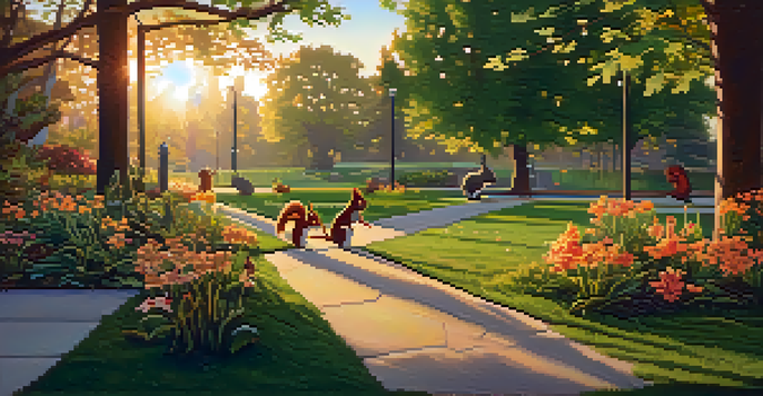 A serene urban park at sunrise with squirrels, birds, and a fox, surrounded by greenery and colorful flowers, illuminated by golden sunlight.