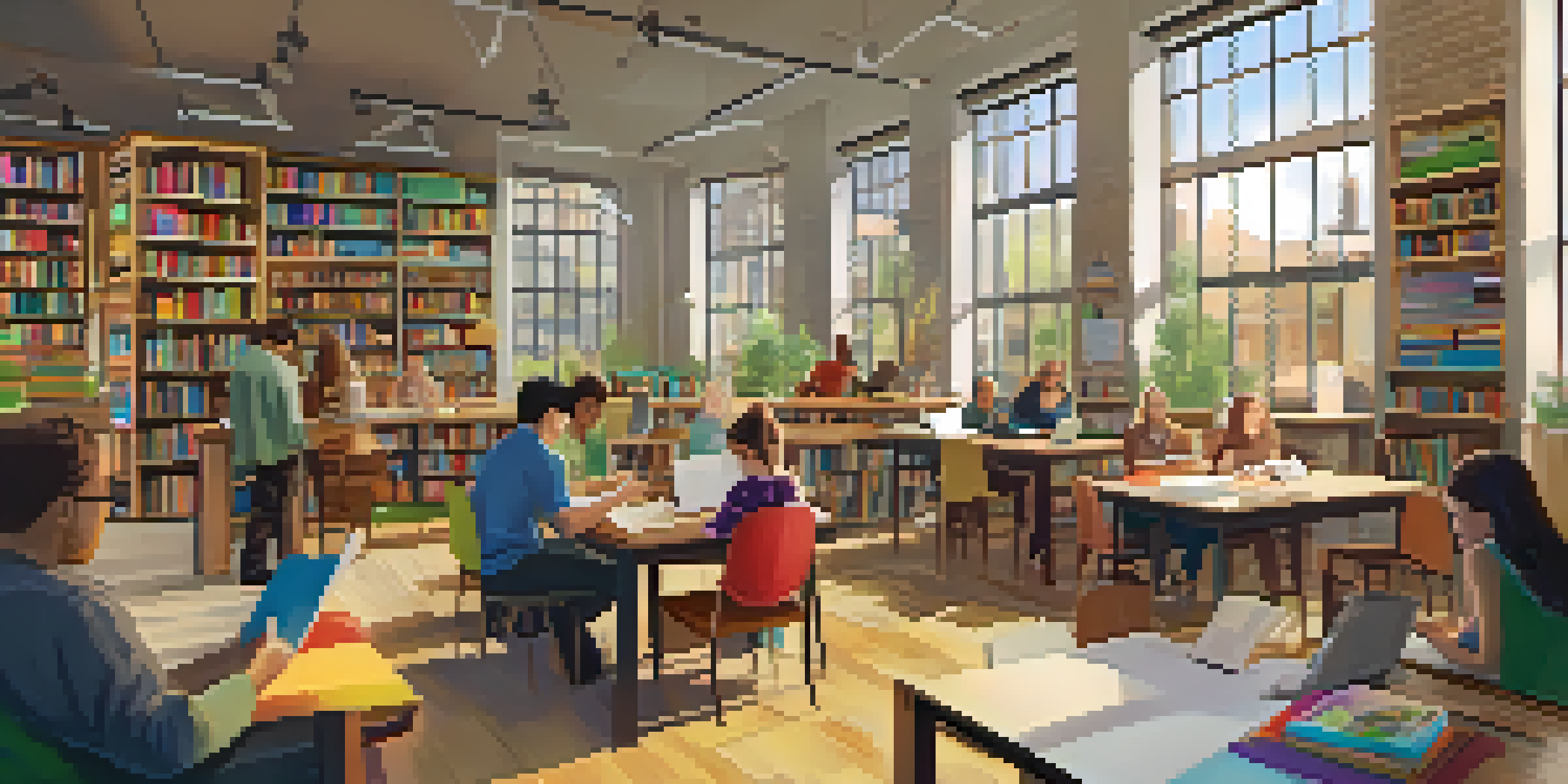 A community library with people of different ages reading, studying, and participating in workshops, creating a welcoming environment.
