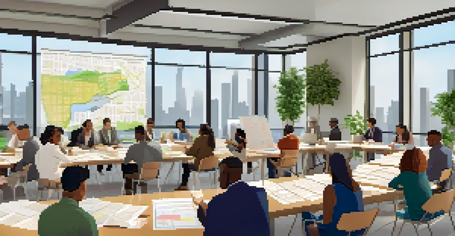A diverse group of individuals engaged in a planning workshop, discussing urban development plans and maps in a bright, naturally-lit room.
