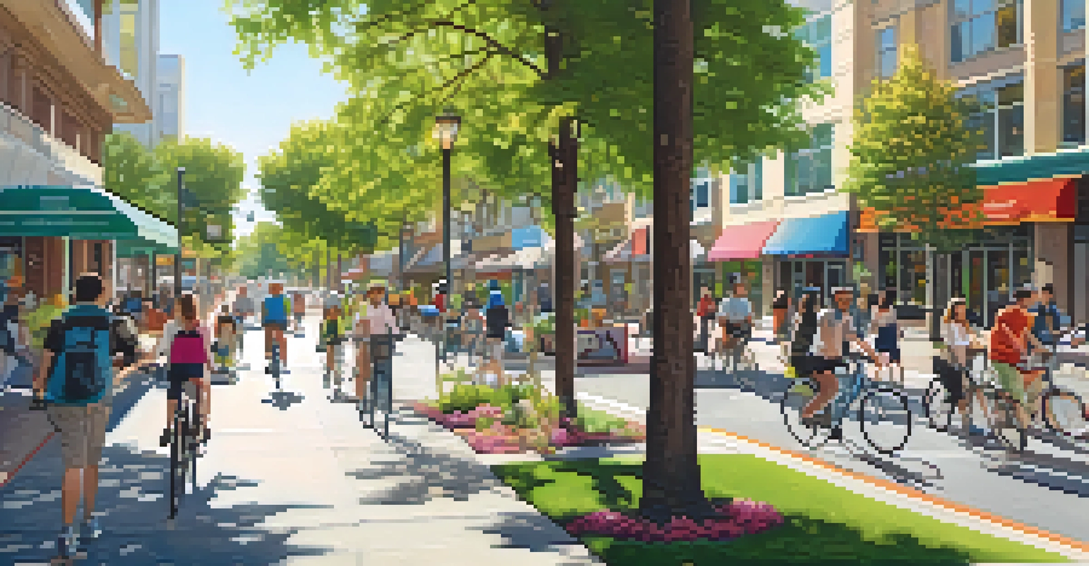 A lively urban street with pedestrians and cyclists, surrounded by greenery and colorful storefronts, symbolizing community and sustainable transit.