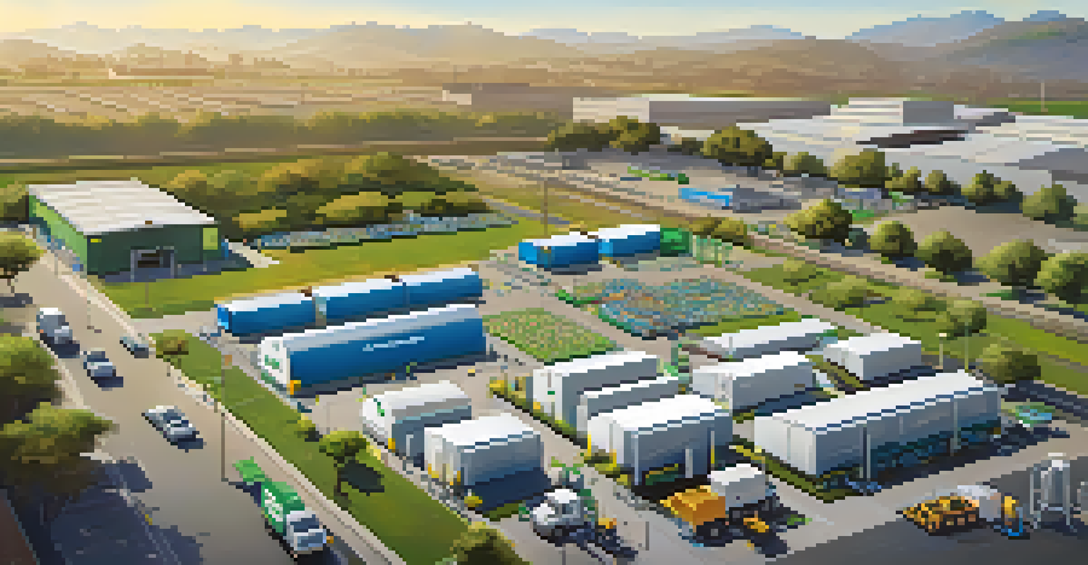 An aerial perspective of a smart waste management facility in San Jose, displaying smart bins and collection trucks surrounded by greenery.