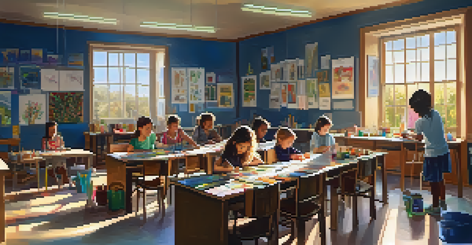 Children engaged in a creative arts workshop in a bright classroom filled with art supplies.