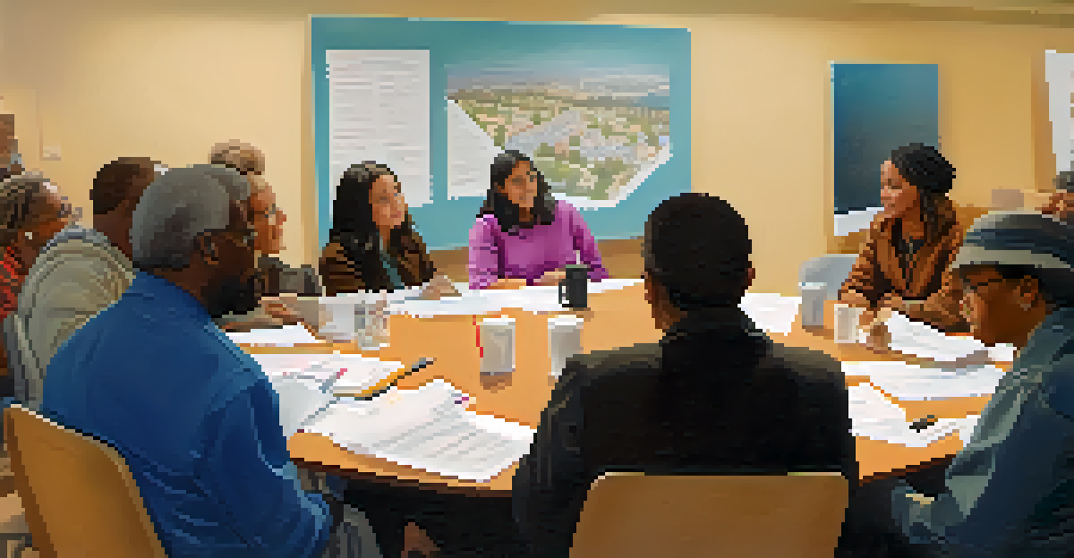 A warm and inviting community meeting with advocates and residents discussing ideas about affordable housing around a round table.