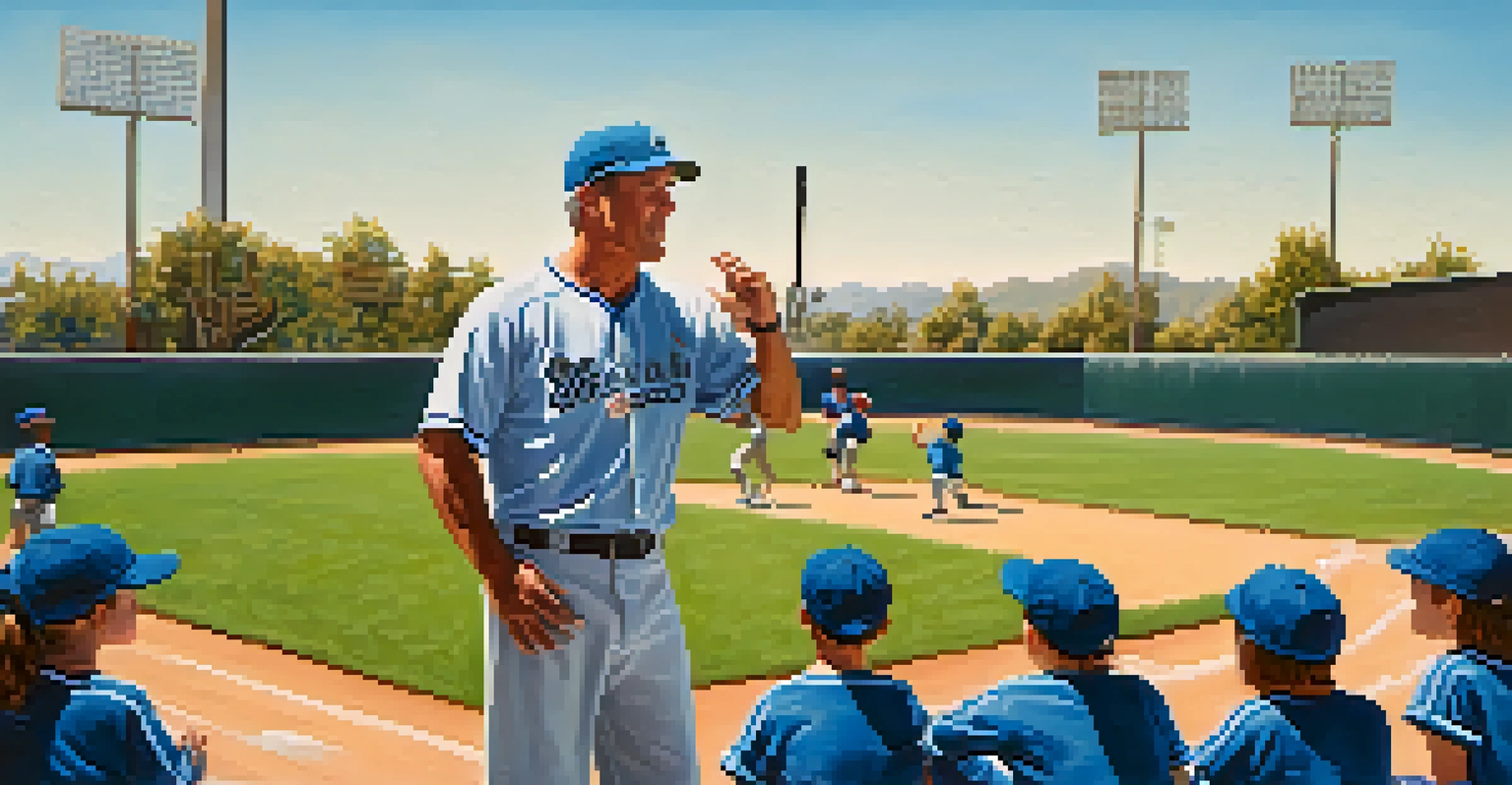 A youth baseball coach teaching young players on a sunny baseball field, with the coach demonstrating a throwing motion.