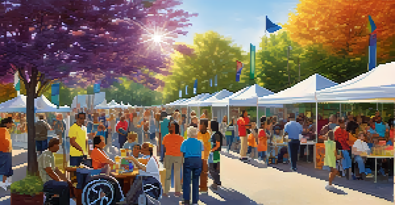 A vibrant outdoor community event focused on disability awareness, with diverse individuals interacting around informational booths and bright banners promoting inclusivity.