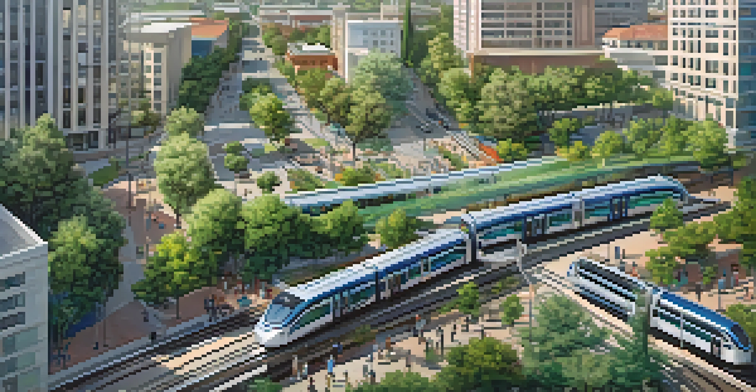 An aerial view of San Jose's public transportation system with visible light rail trains and green spaces.