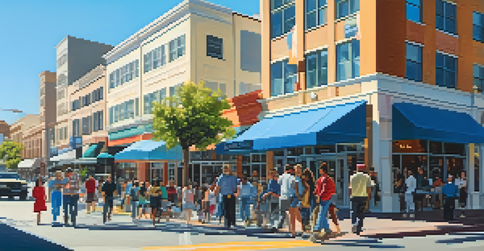 A lively street scene in San Jose with diverse people and modern buildings under a clear blue sky.