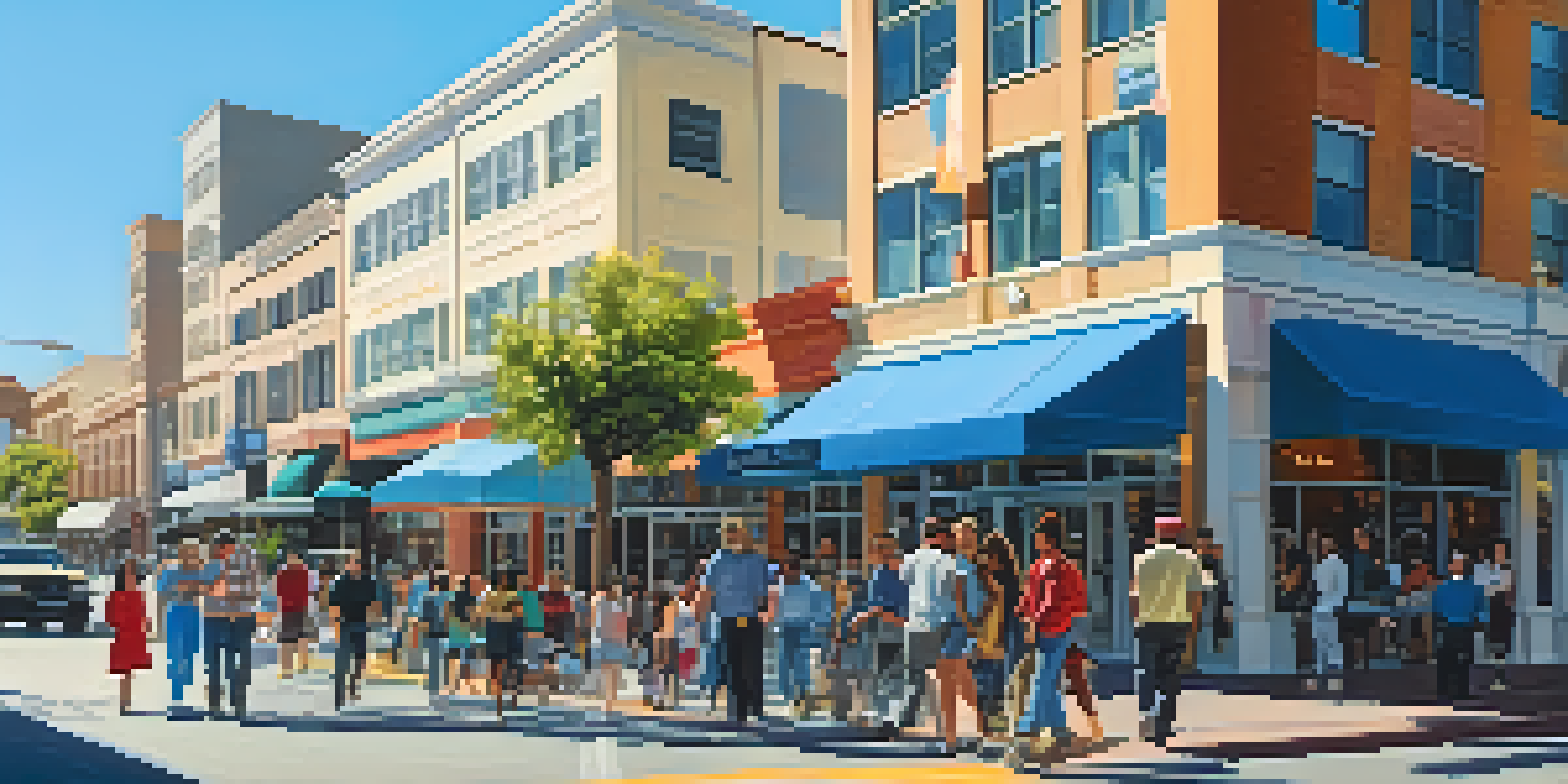 A lively street scene in San Jose with diverse people and modern buildings under a clear blue sky.